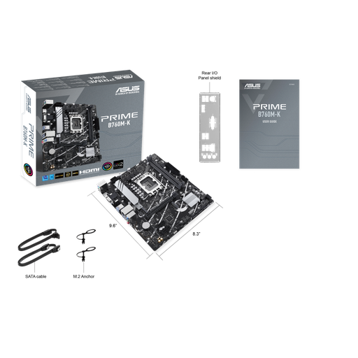 Motherboard ASUS Prime B760M-K, an Intel® B760 LGA 1700 mATX motherboard with PCIe 4.0, two PCIe 4.0 M.2 slots, DDR5, Realtek 2.5Gb Ethernet, VGA, HDMI„, SATA 6 Gbps, front USB 3.2 Gen 1, Aura Sync  Model : 90MB1F10-M0EAY0