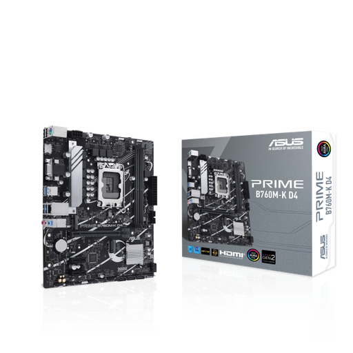 Motherboard ASUS PRIME Gaming B760M-K D4, Intel® B760 LGA 1700 mATX motherboard with PCIe 4.0, two PCIe 4.0 M.2 slots, DDR4, Realtek 2.5Gb Ethernet, VGA, HDMI®, SATA 6 Gbps, front USB 3.2 Gen 1, Aura Sync