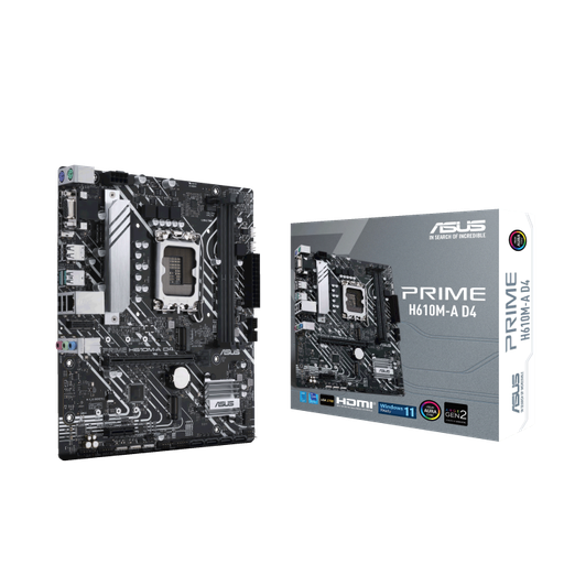 Motherboard ASUS PRIME H610M-A D4 Gaming Intel® H610 (LGA 1700) mic-ATX motherboard with DDR4, PCIe 4.0, dual M.2 slots, Intel® 1 Gb Ethernet, DisplayPort, HDMI®, D-Sub, USB 3.2 Gen 2 ports, SATA 6 Gbps, Addressable Gen 2 headers, and Aura Sync