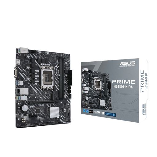 Motherboard ASUS PRIME H610M-K D4 Gaming Intel® H610 (LGA 1700) mic-ATX motherboard with DDR4, PCIe 4.0, M.2 slot, Realtek 1 Gb Ethernet, HDMI®, D-Sub, USB 3.2 Gen 1 ports, SATA 6 Gbps, COM header, RGB header